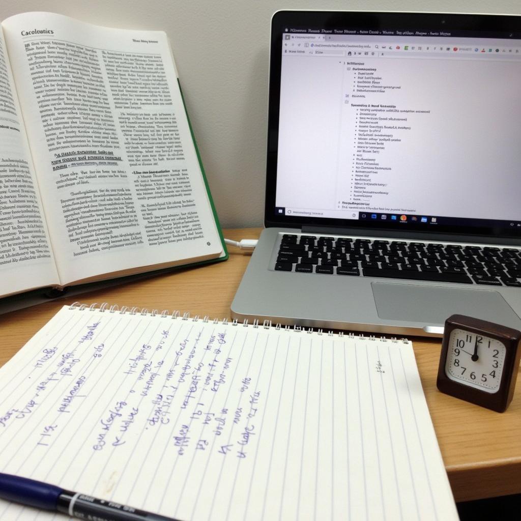 Desk with IELTS materials, timer, and notes, depicting effective study strategies for reading section success.