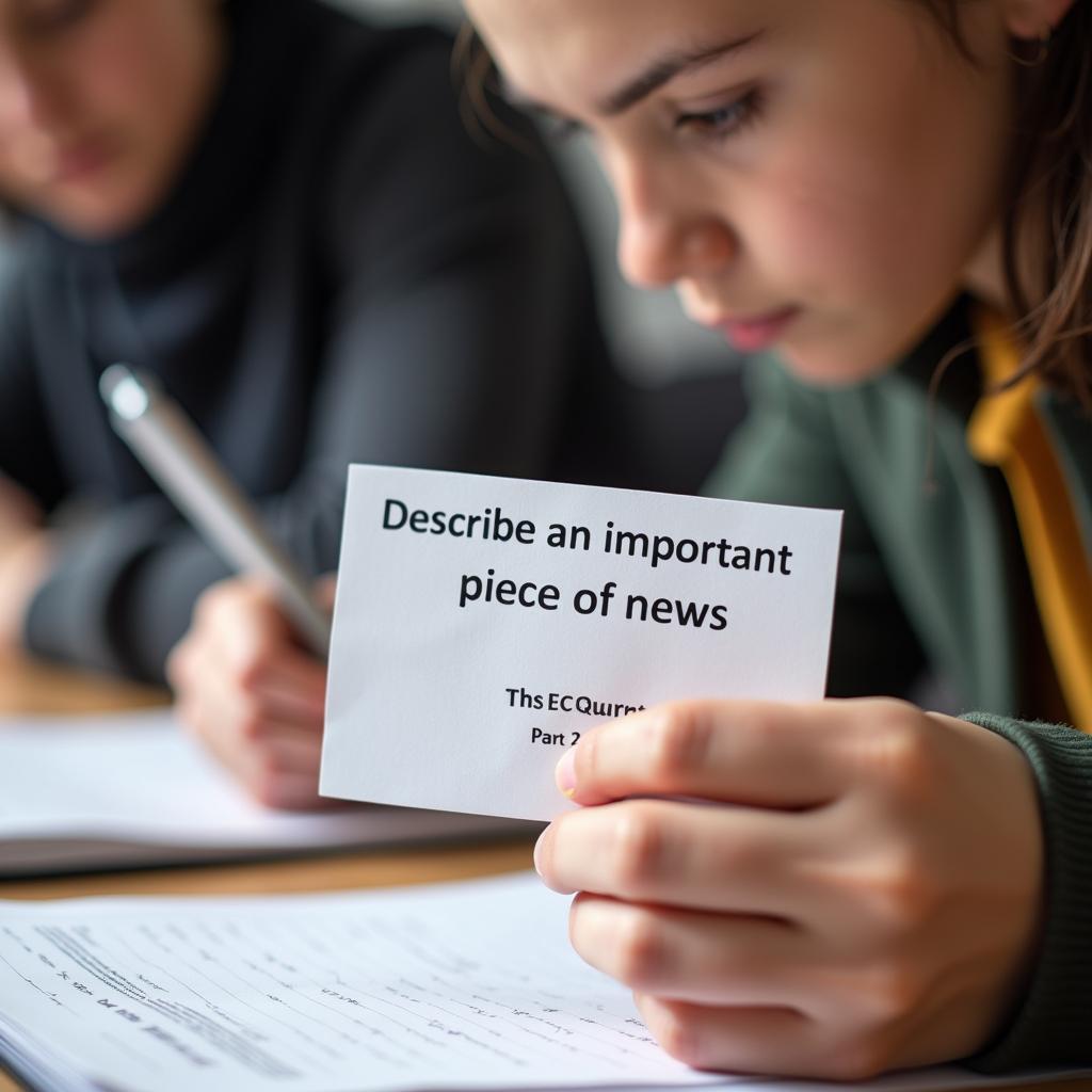 Student preparing for IELTS Speaking Part 2 long turn, looking at a cue card about important news.