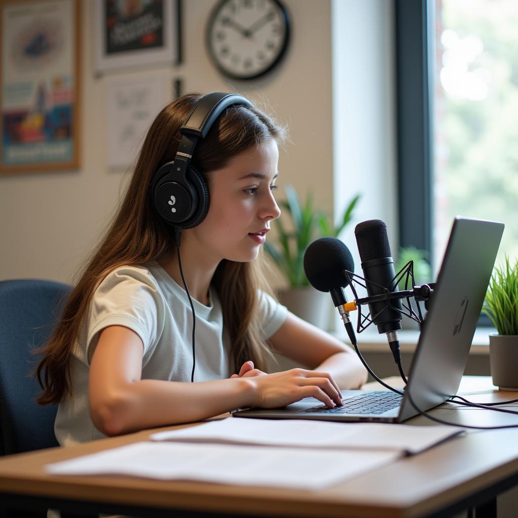 Student practicing for IELTS speaking test recording voice and reviewing notes for improvement at home