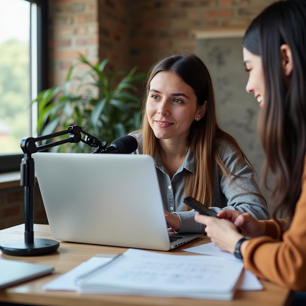 Student practicing IELTS speaking with self-recording tools or a tutor to improve fluency and pronunciation.