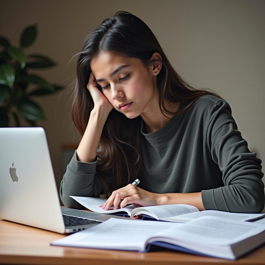 Student preparing for IELTS speaking test with study materials, aiming for a high score.