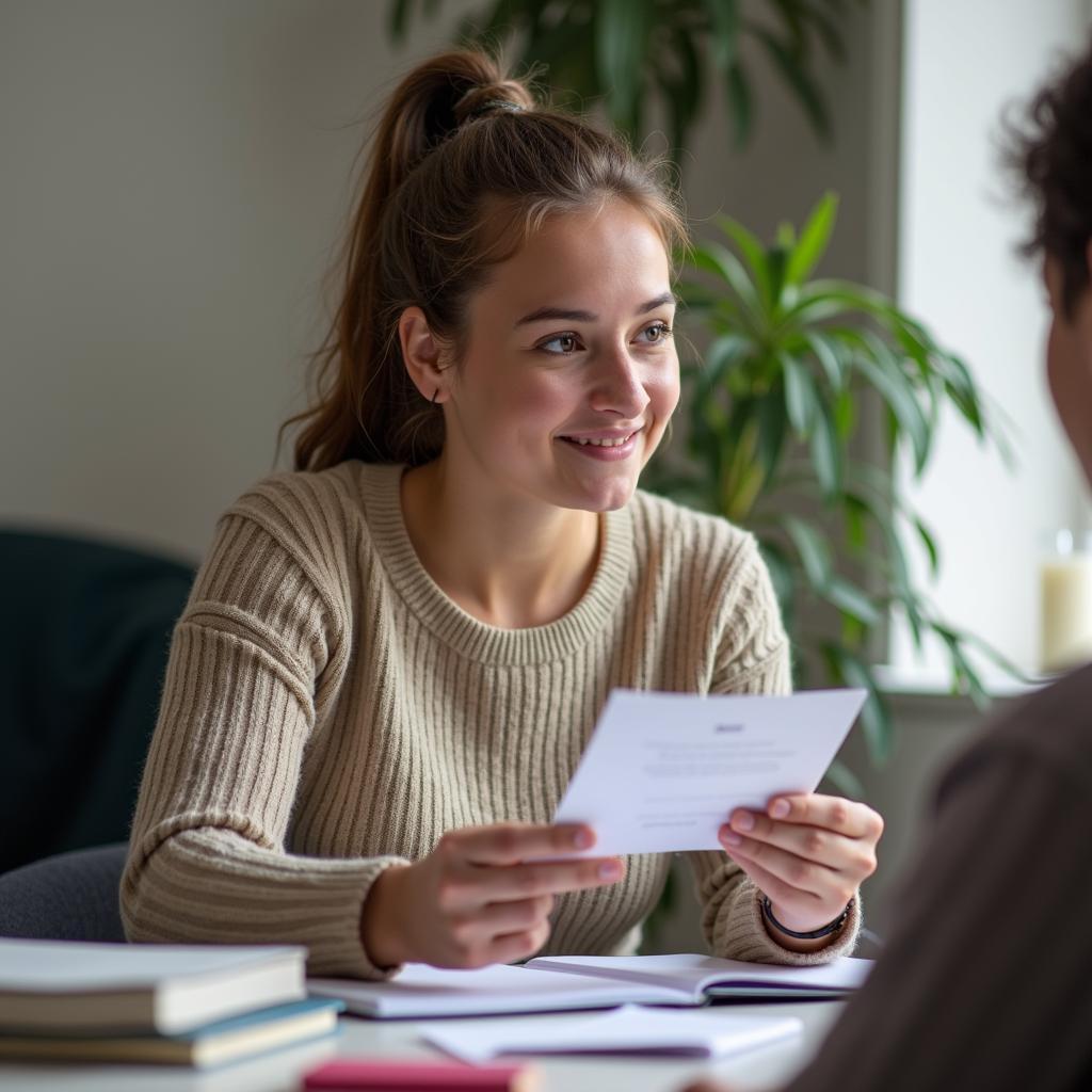 IELTS Speaking Test preparation: student studies with cue cards, relaxed, following effective tips.