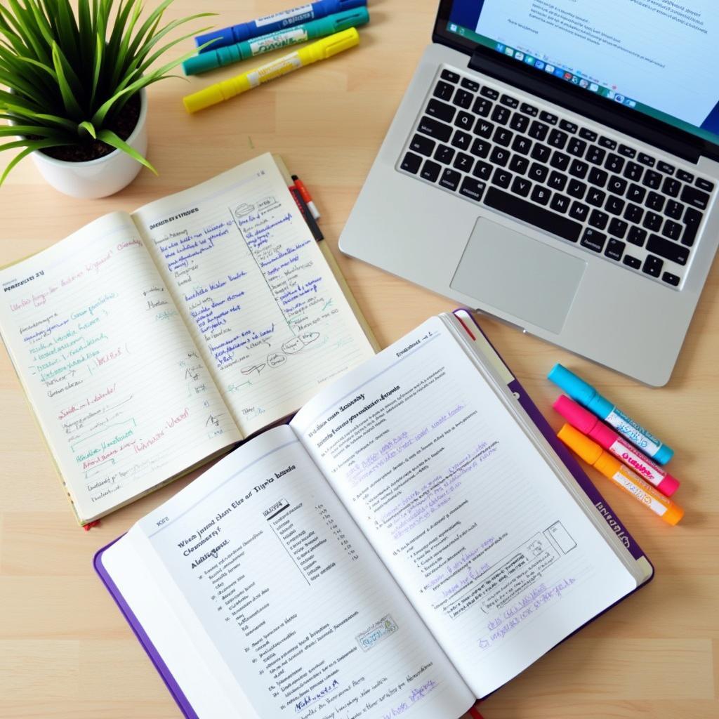 Student diligently studying IELTS vocabulary and grammar for the speaking test, with notes, highlighters, and study materials