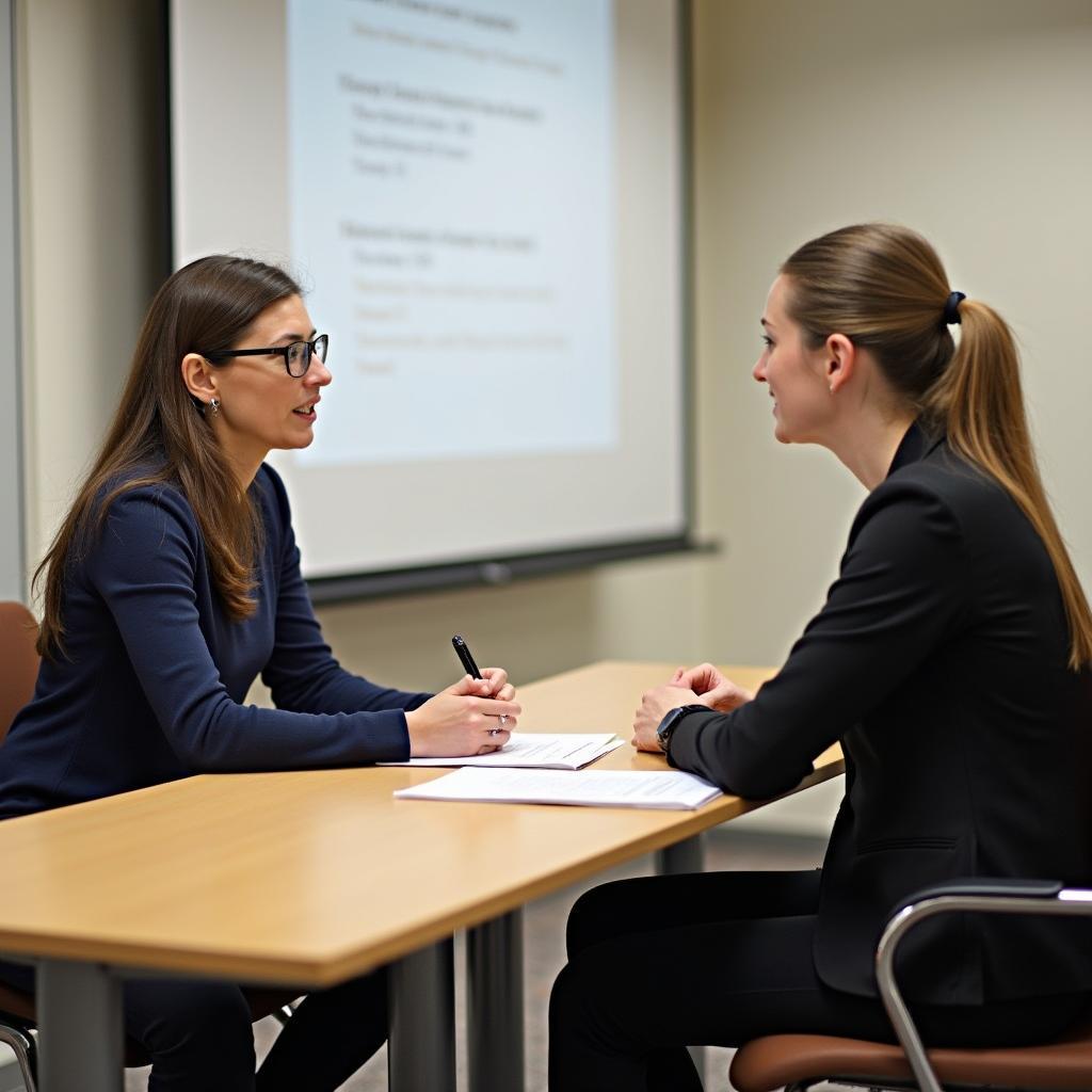 IELTS Speaking Test room setup with examiner and candidate for English proficiency assessment.