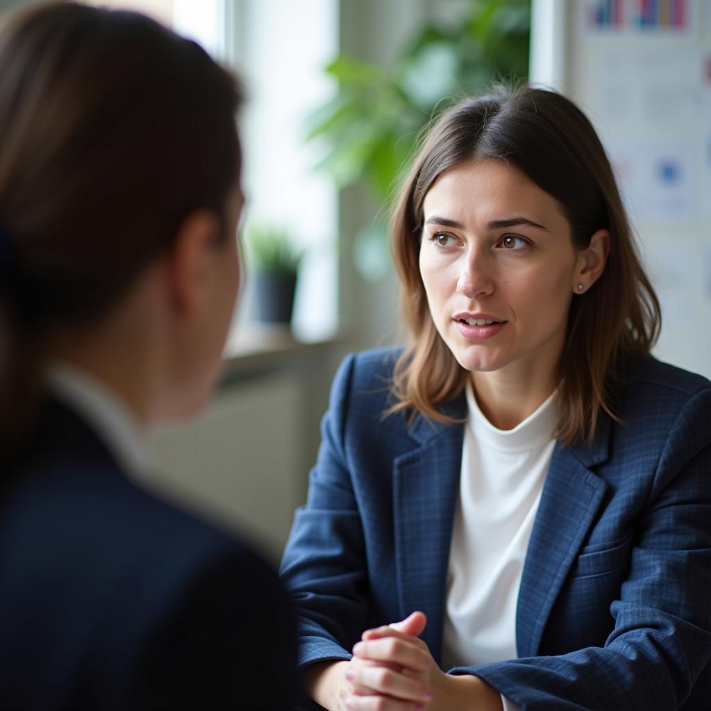 IELTS Speaking test examiner asking candidate questions about recent economic changes in a formal setting