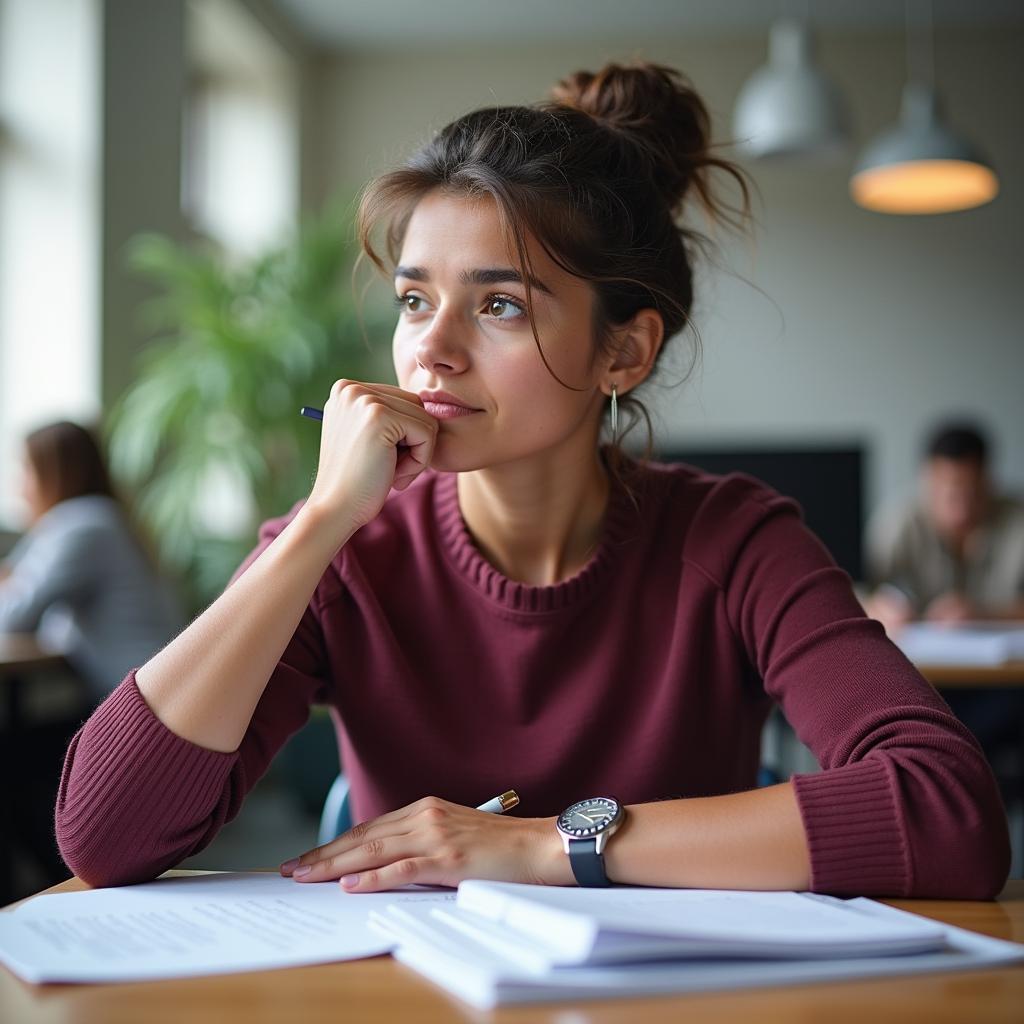 Student diligently preparing for IELTS speaking test, focusing on common topics like overcoming setbacks.