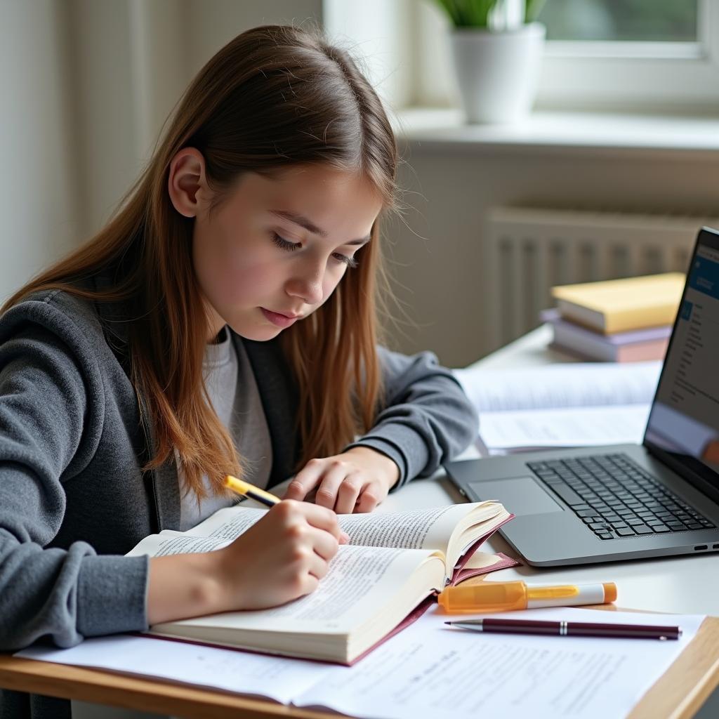 Student diligently preparing for IELTS speaking test using books and notes, aiming for high band score.