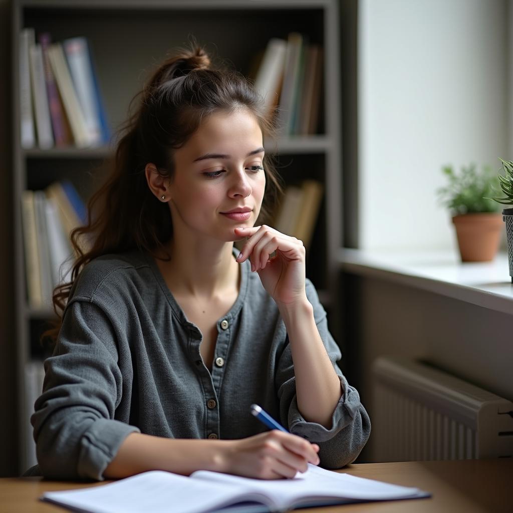 Student calm and prepared for IELTS speaking test, practicing success tips for high score