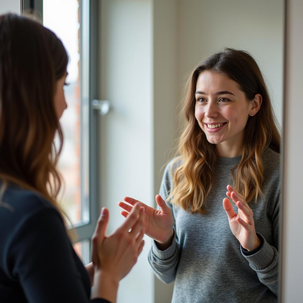 IELTS student confidently practicing speaking, improving fluency and building confidence for the test through regular rehearsal.