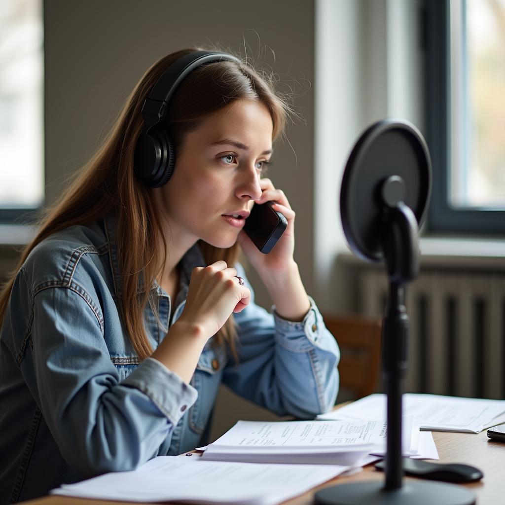 Dedicated IELTS student practicing speaking skills, recording themselves for review and improvement to achieve a high band score.