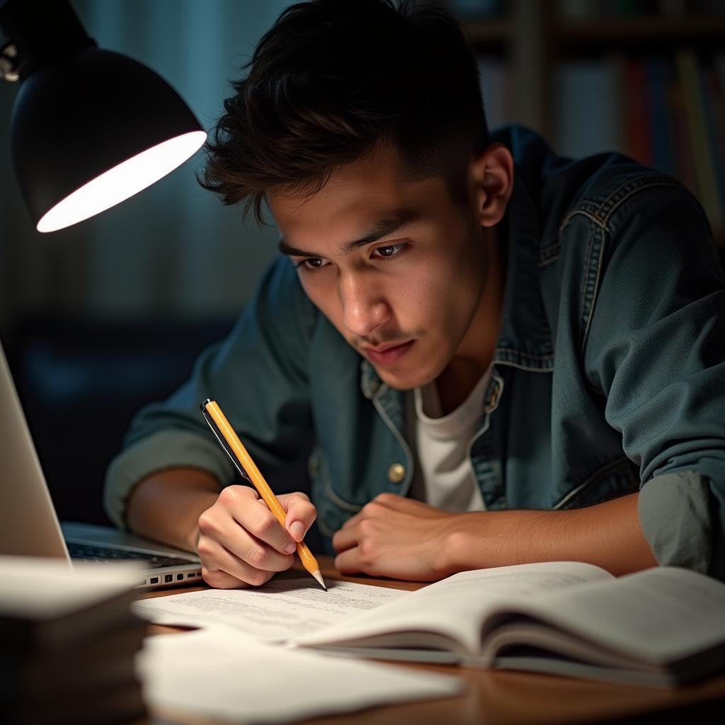 Dedicated student studying hard for exams, surrounded by books and notes, showing focused expression and diligence.