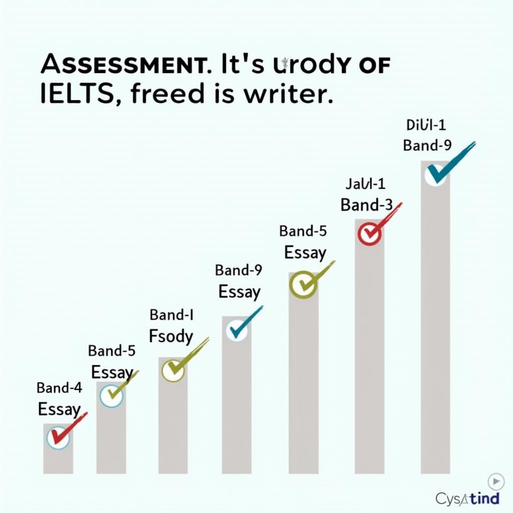 Infographic chart of IELTS essay band scores (5-9) illustrating writing quality assessment levels.