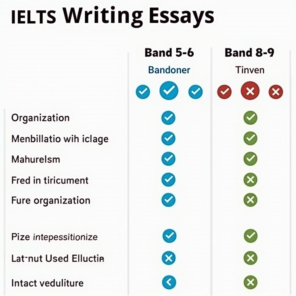 Visual chart comparing key differences in IELTS Writing Band Scores 5-6, 6-7, and 8-9.