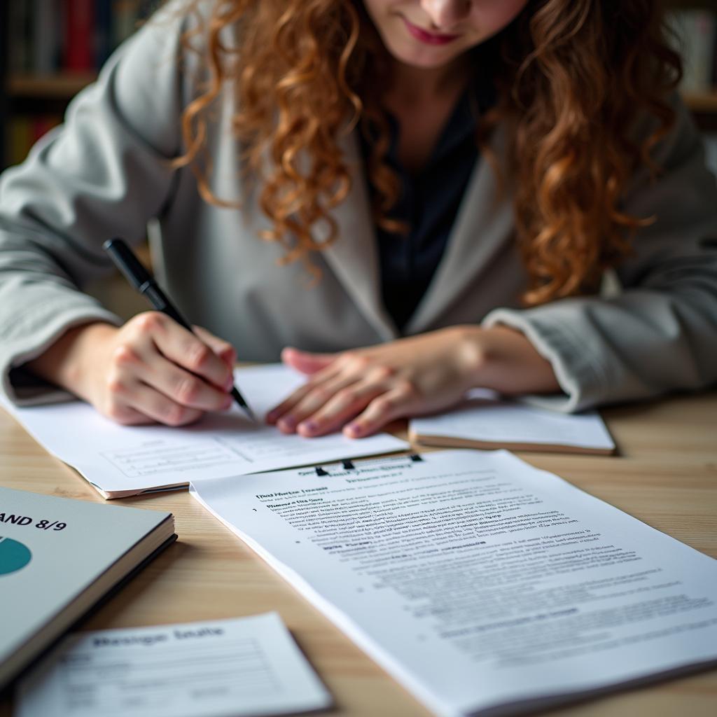 Dedicated student practicing IELTS writing on financial topics, symbolizing thorough preparation leading to exam success and improved financial literacy.
