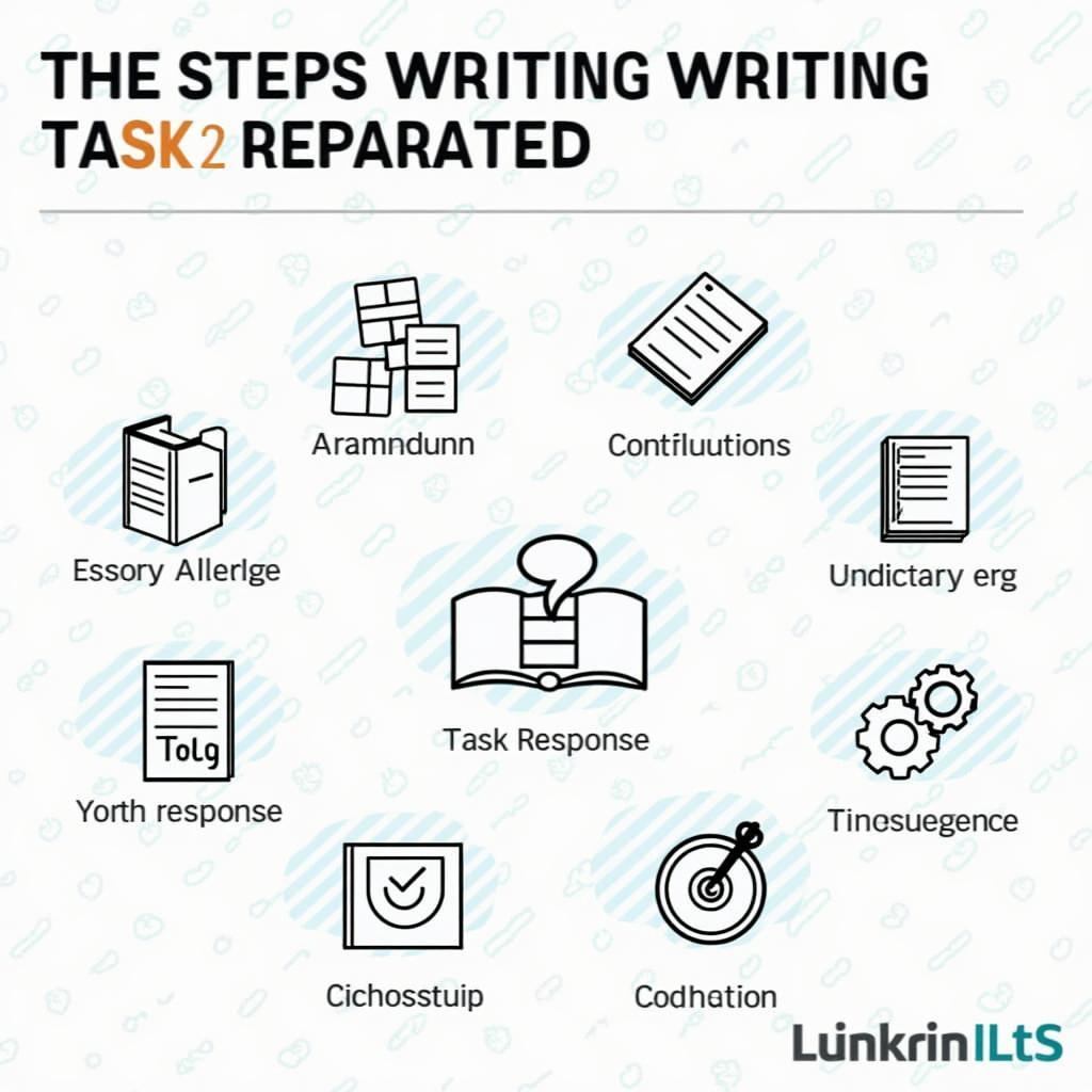 Visual guide for IELTS Writing Task 2 illustrating key essay writing points like structure, vocabulary, and grammar.