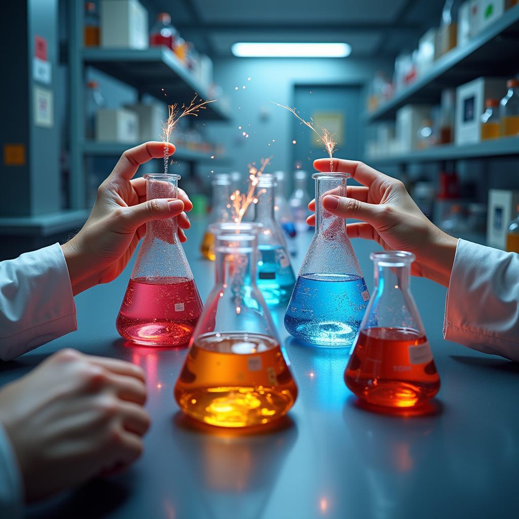 Immersive first-person view of a virtual reality science laboratory simulation, showcasing interactive elements and multi-sensory engagement for students.