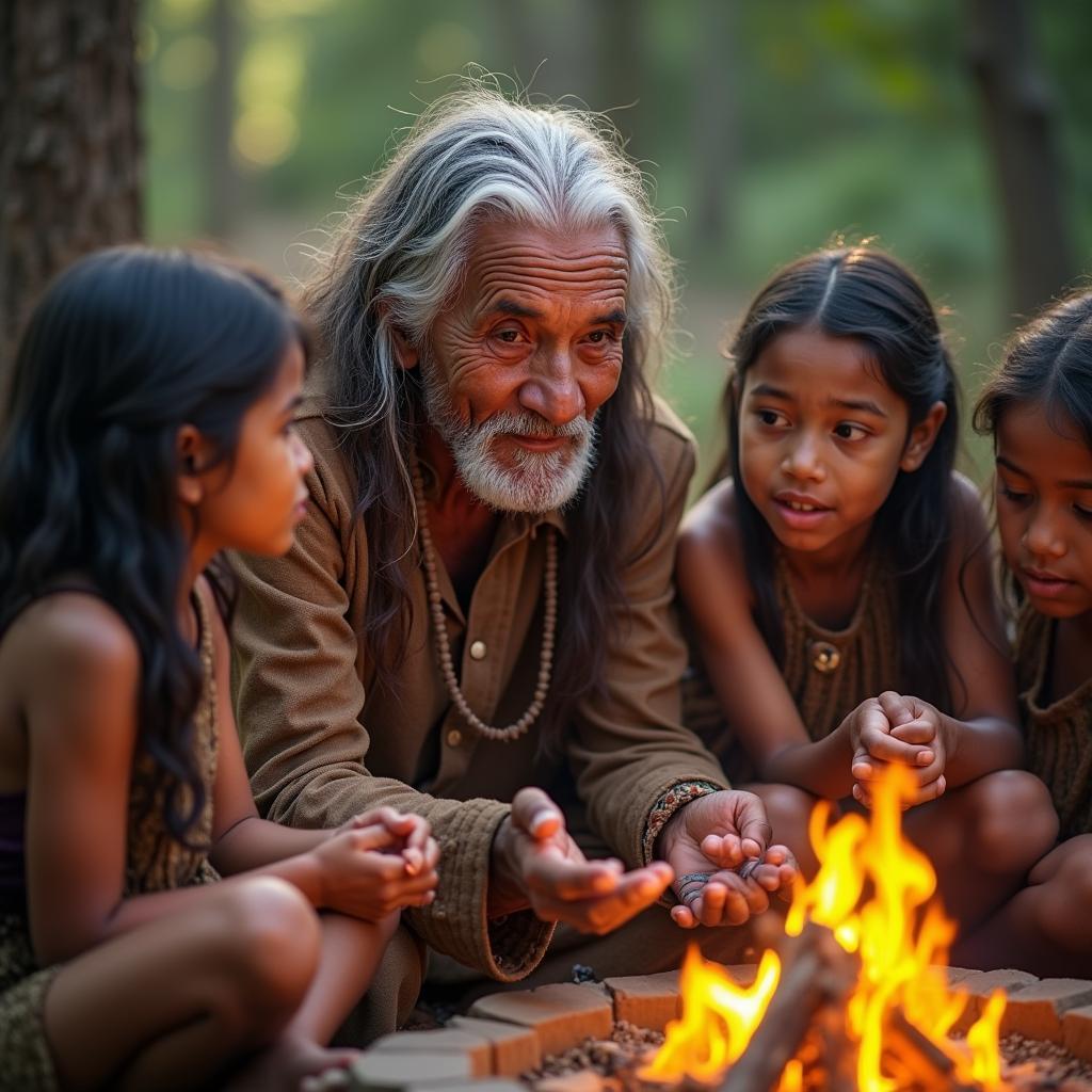 Indigenous elder sharing ancestral wisdom and traditional knowledge through oral storytelling with younger community members.