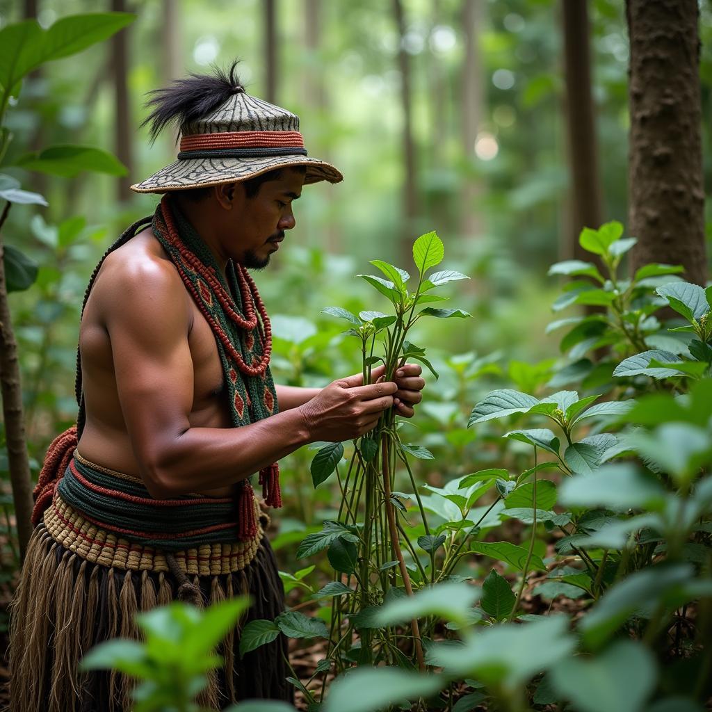Indigenous person sustainably harvesting medicinal plants or food from a dense, healthy, vibrant forest.