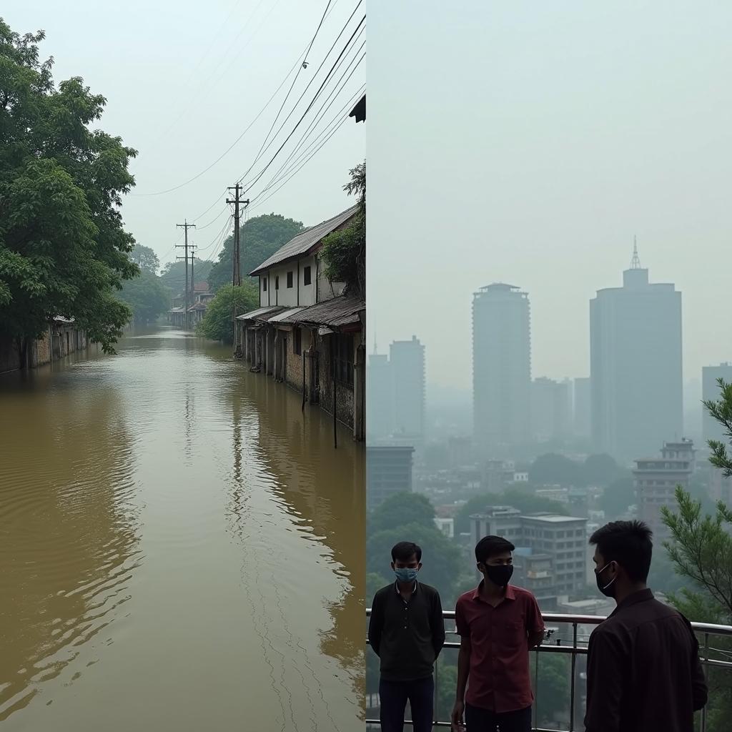 Indirect climate change effects: polluted floodwater and city smog indicating poor air and water quality.