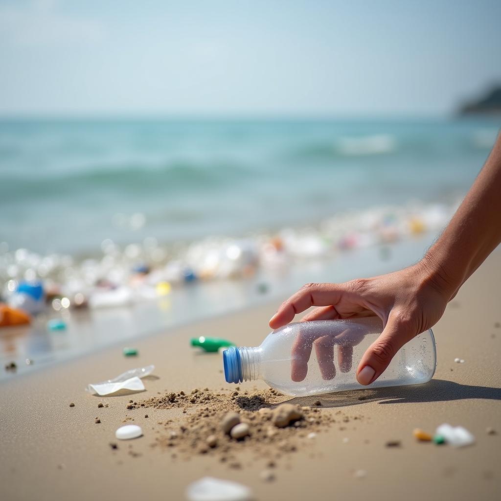 Individual effort against vast ocean plastic pollution, symbolizing key arguments in IELTS environmental conservation debates.