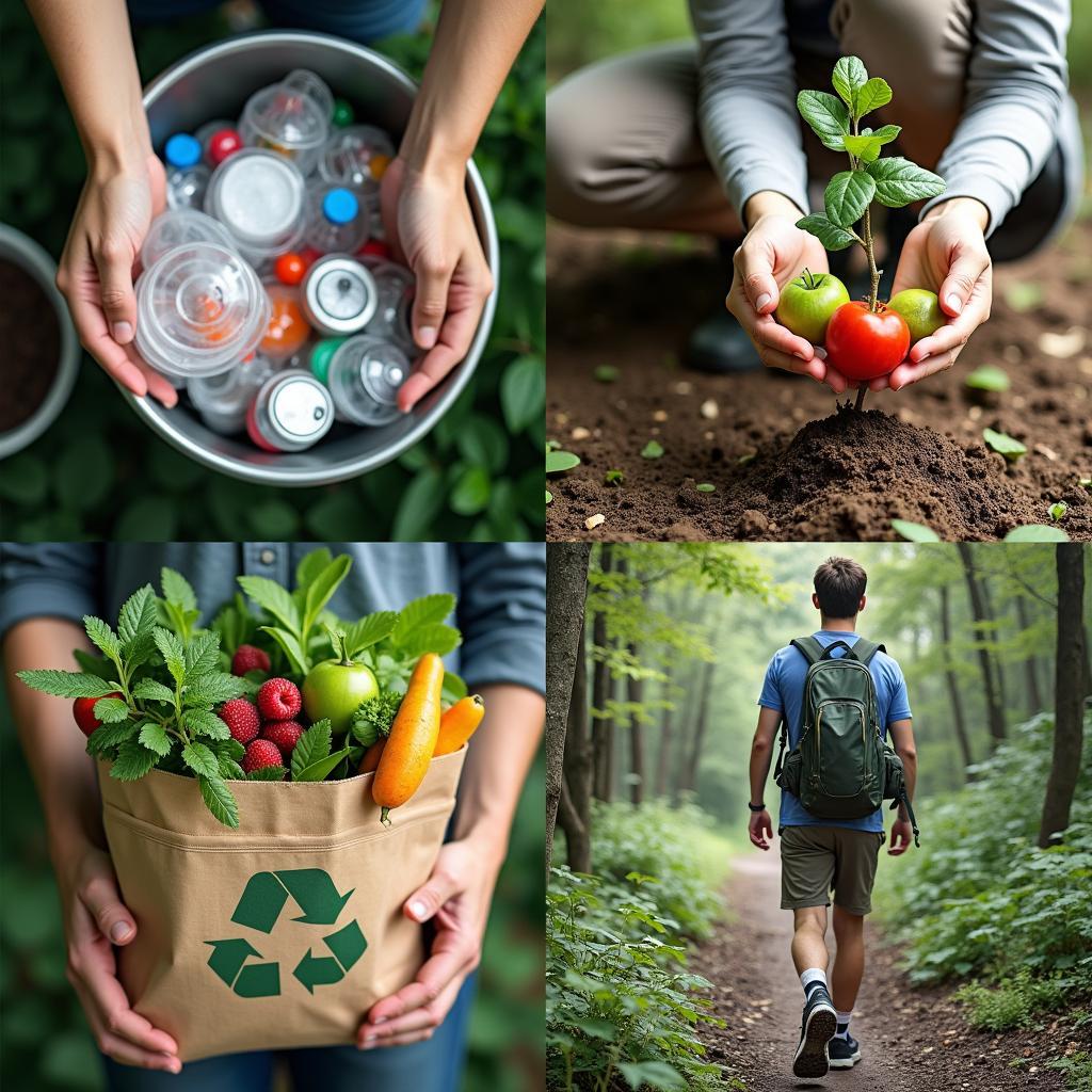 Collage of individual actions for environmental protection: recycling, planting trees, using reusable bags, and eco-tourism.