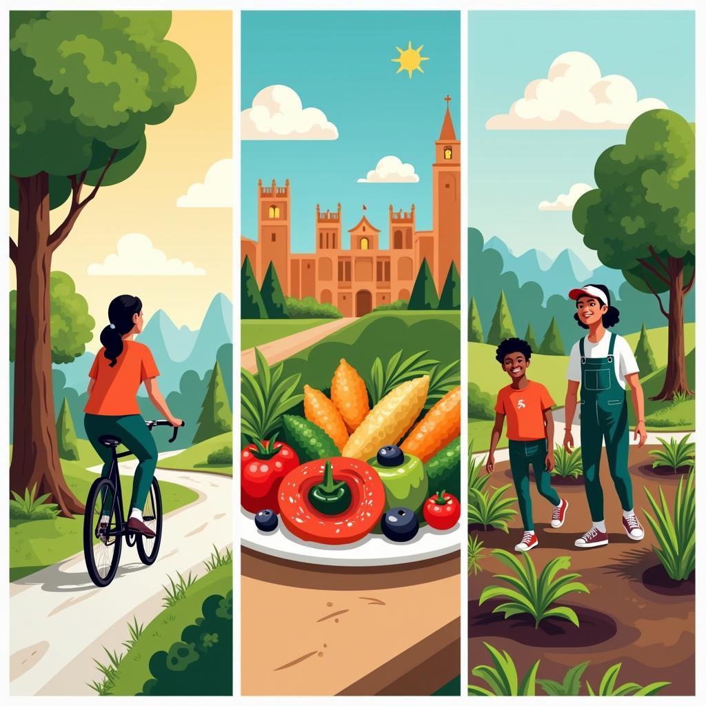 People engaged in sustainable lifestyle choices such as cycling, plant-based eating, and conservation, for climate change mitigation.