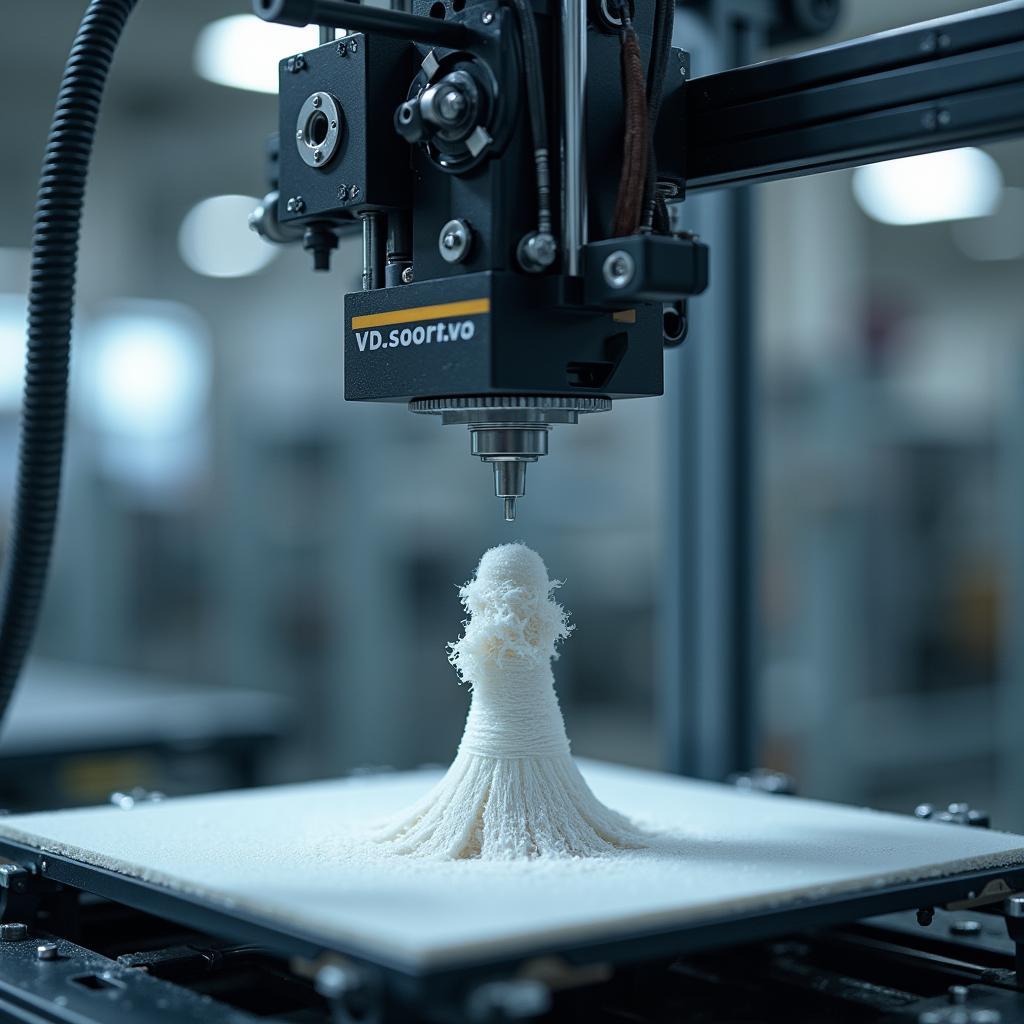 Industrial additive manufacturing (3D printer) creating a complex part, showcasing minimal waste and on-demand production.