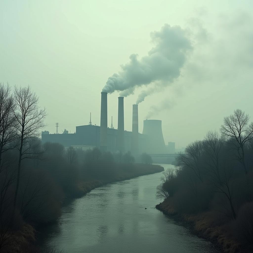 Industrial landscape showing factories emitting smoke, symbolizing environmental degradation due to prioritization of economic growth over environmental protection.