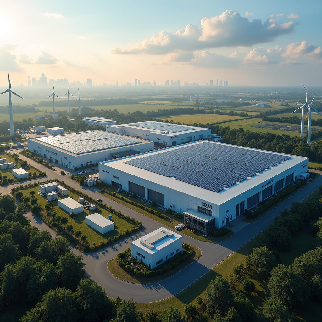 Industrial complex with renewable microgrid: solar, wind, and battery storage for sustainable energy independence.