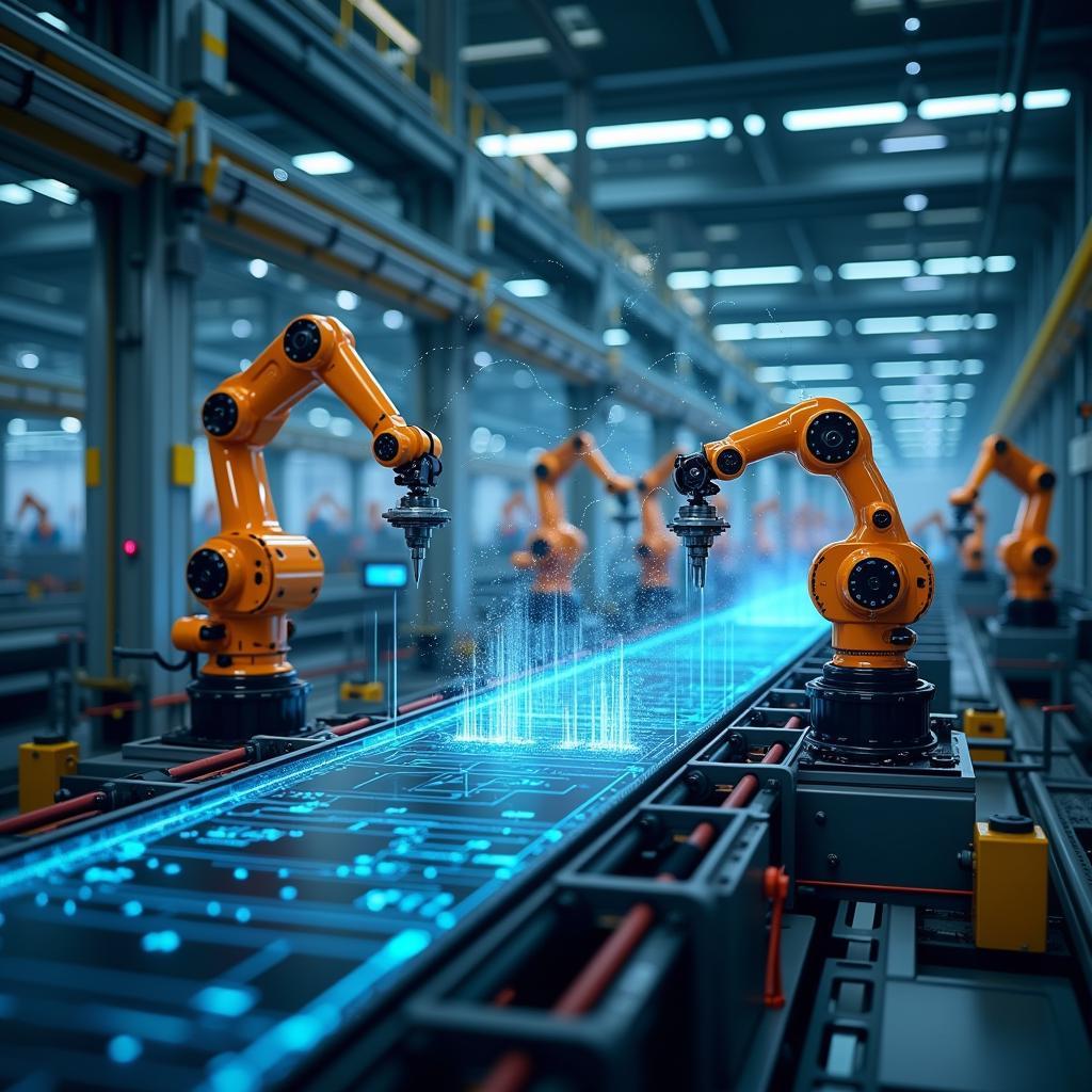 Industry 4.0 smart factory with IoT sensors and AI control system optimizing industrial processes