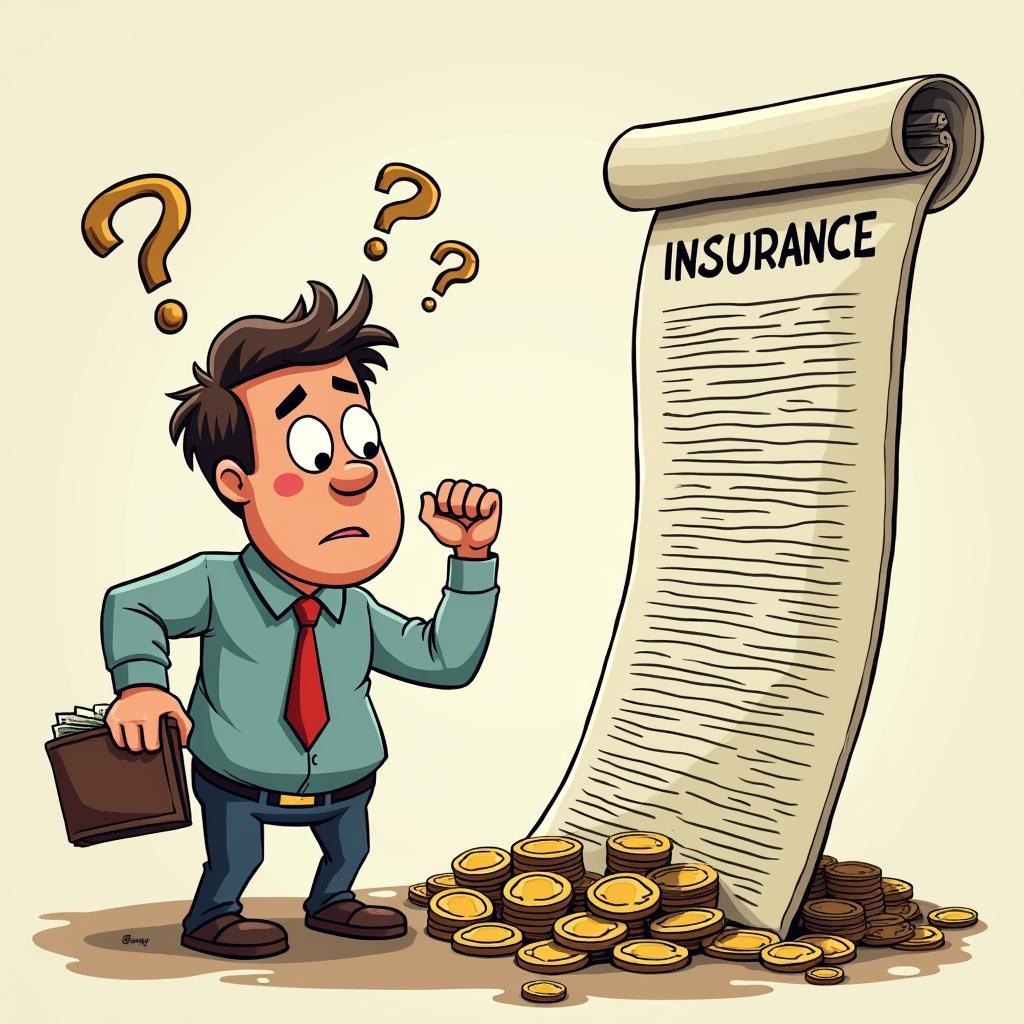 Puzzled person with complex insurance policy, money draining, symbolizing wasted premiums and complexity concerns