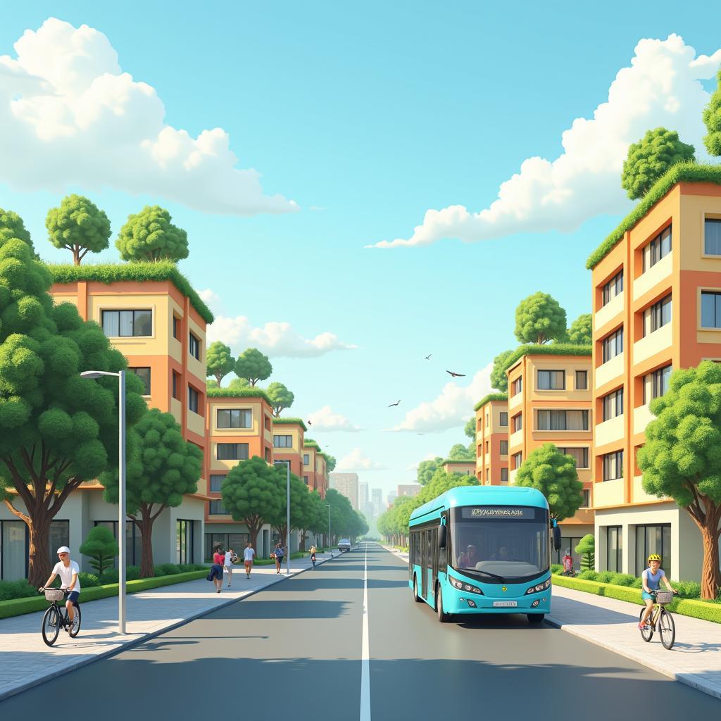 Illustration of integrated urban solutions featuring affordable eco-friendly housing and efficient green public transportation networks