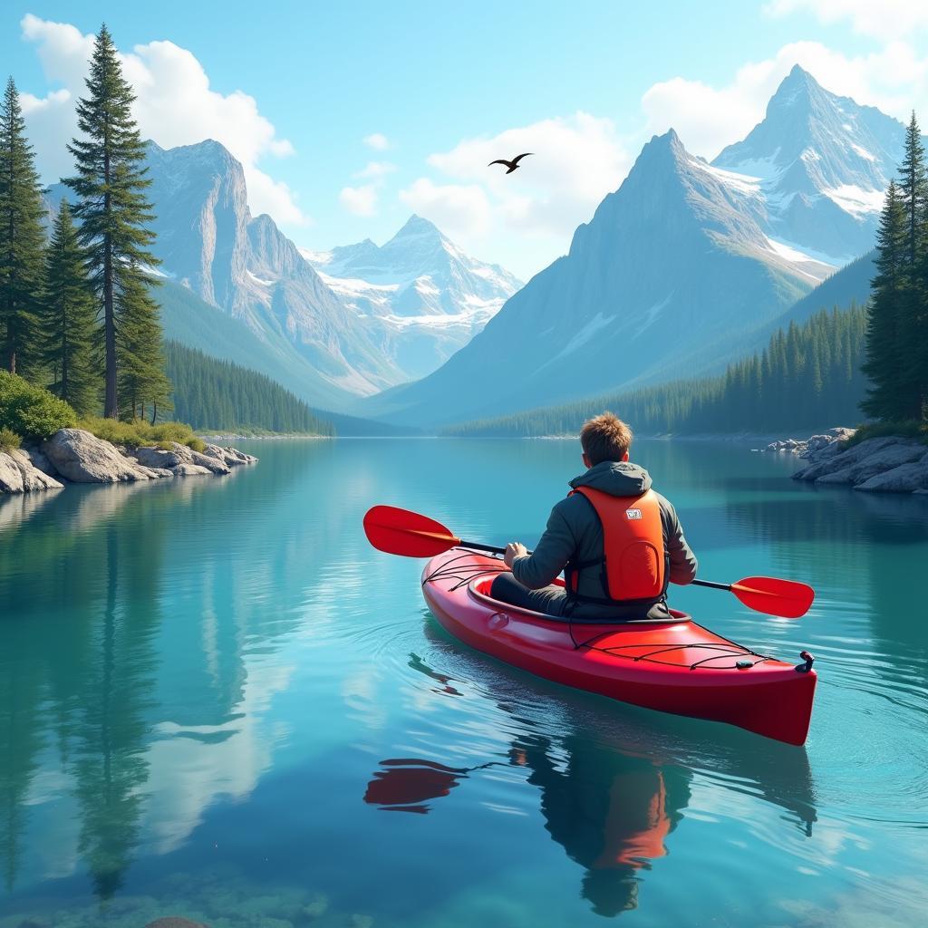 A person kayaking on a crystal-clear mountain lake, surrounded by serene wilderness, enjoying outdoor activities and spotting wildlife.