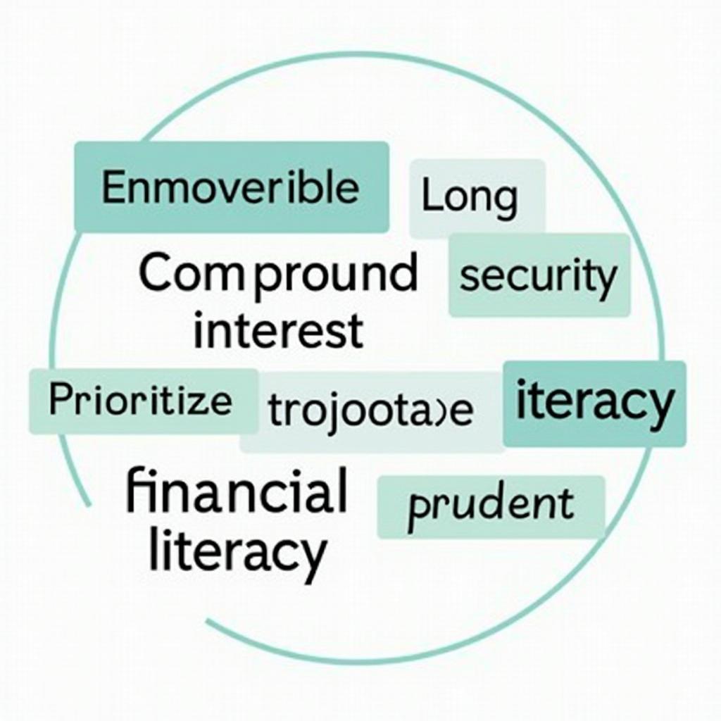 Visual display of key financial literacy vocabulary like 'financial security', 'prioritize' for IELTS writing preparation.
