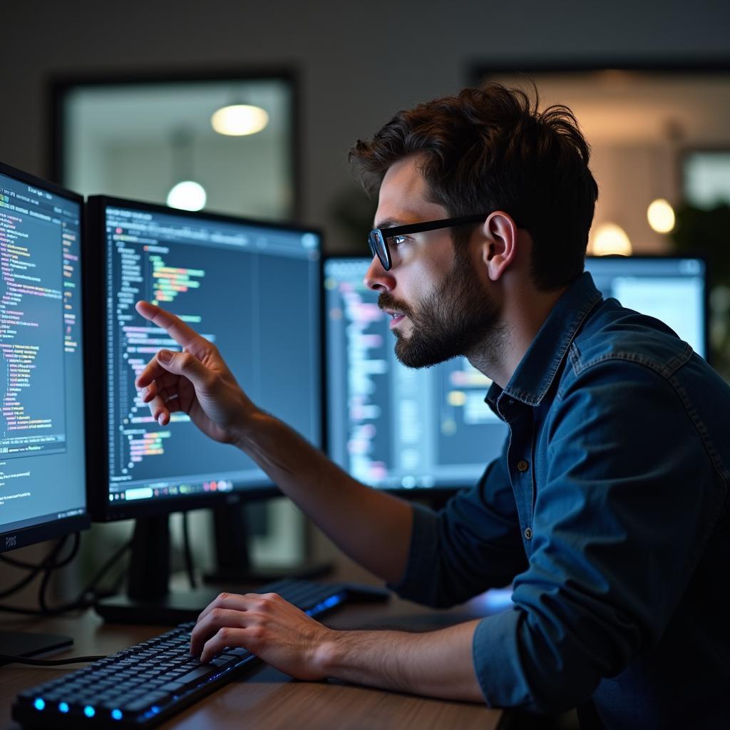Software engineer deeply engaged with code on monitors, showcasing tech expertise and knowledge.