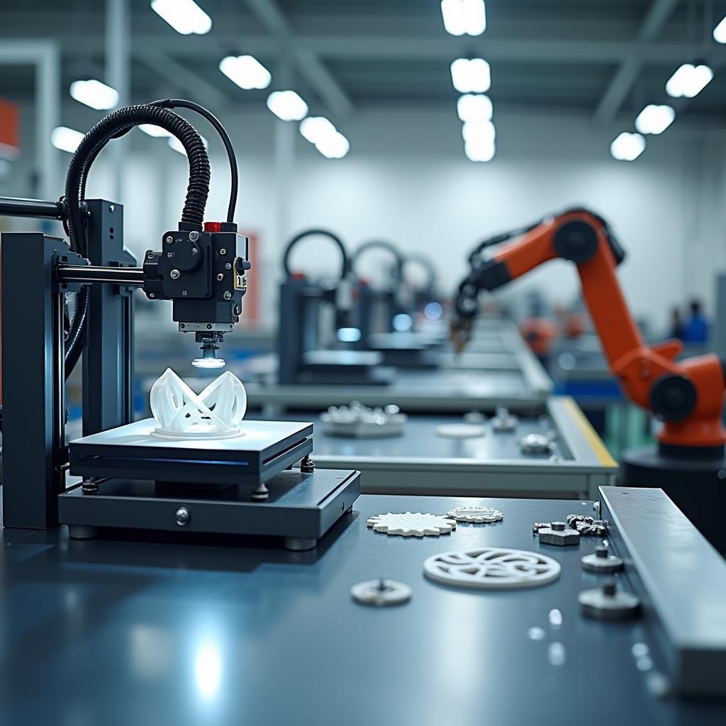 Modern lean and clean manufacturing floor with 3D printers and robotic arms enhancing production efficiency.