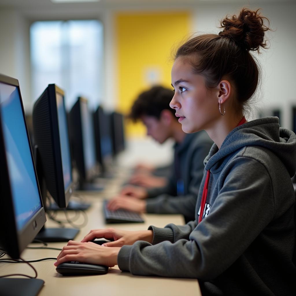 Student learning computer skills in university class, enhancing job readiness for employer demands.