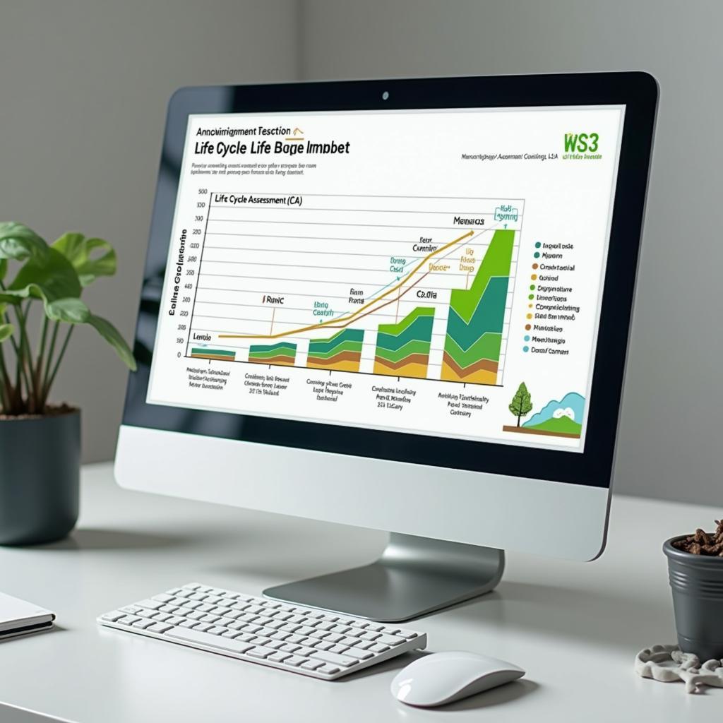 Computer screen showing a detailed Life Cycle Assessment (LCA) report promoting eco-design for product sustainability.