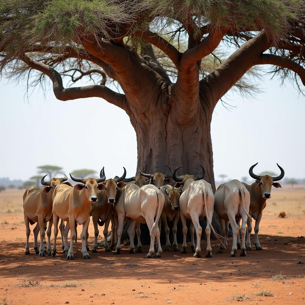 Heat-stressed cattle seeking shade in Sub-Saharan Africa show climate impact on livestock and food security.