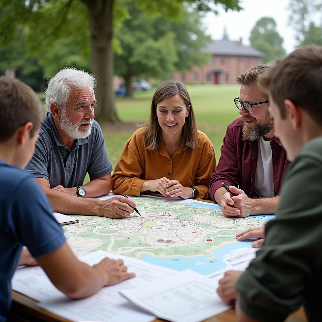 Local community members engaged in discussion for heritage site preservation, emphasizing sustainable management and cultural sensitivity.