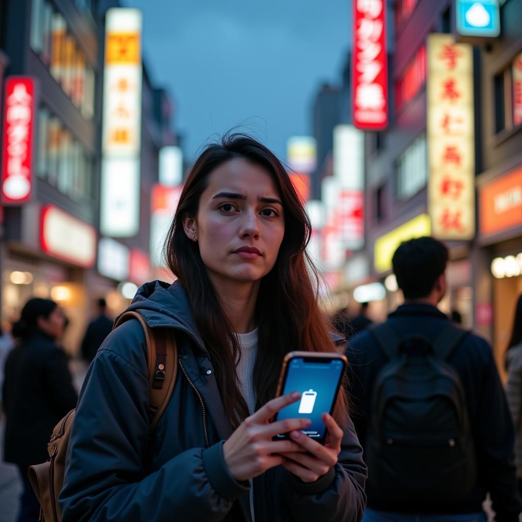 Solo traveler lost in bustling Tokyo streets with dead phone battery feeling disoriented