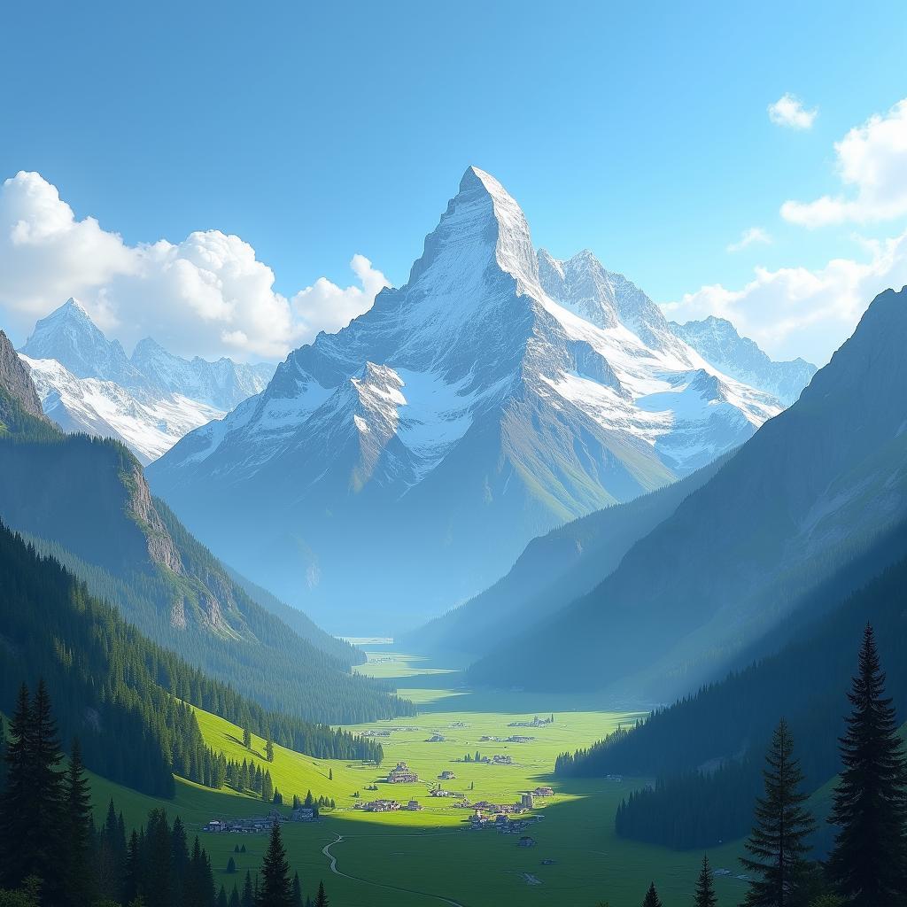 Majestic mountains over a serene valley, showcasing nature's therapeutic, awe-inspiring beauty for IELTS.