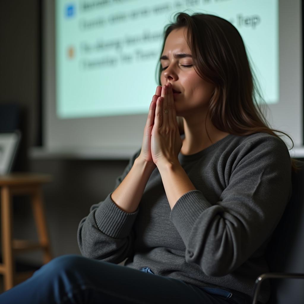 Person calmly practicing deep breathing, visualization techniques to manage nerves before important event or presentation.