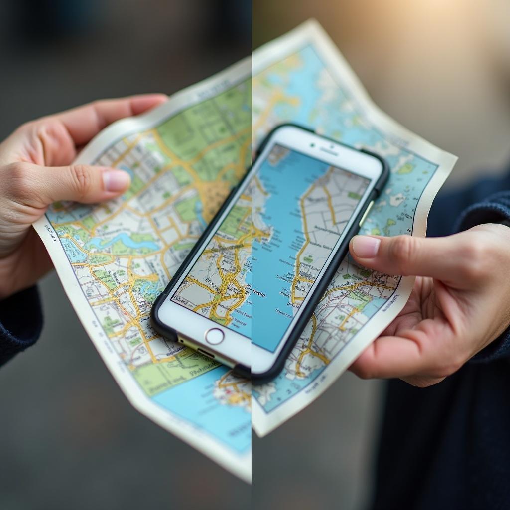 Comparing traditional paper map and modern digital phone navigation for travel security