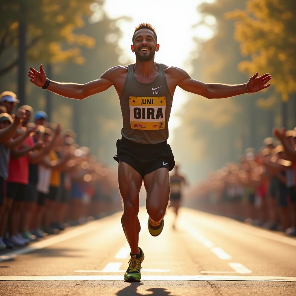 Determined marathon runner joyfully crossing the finish line, symbolizing achievement of a significant personal goal through perseverance.