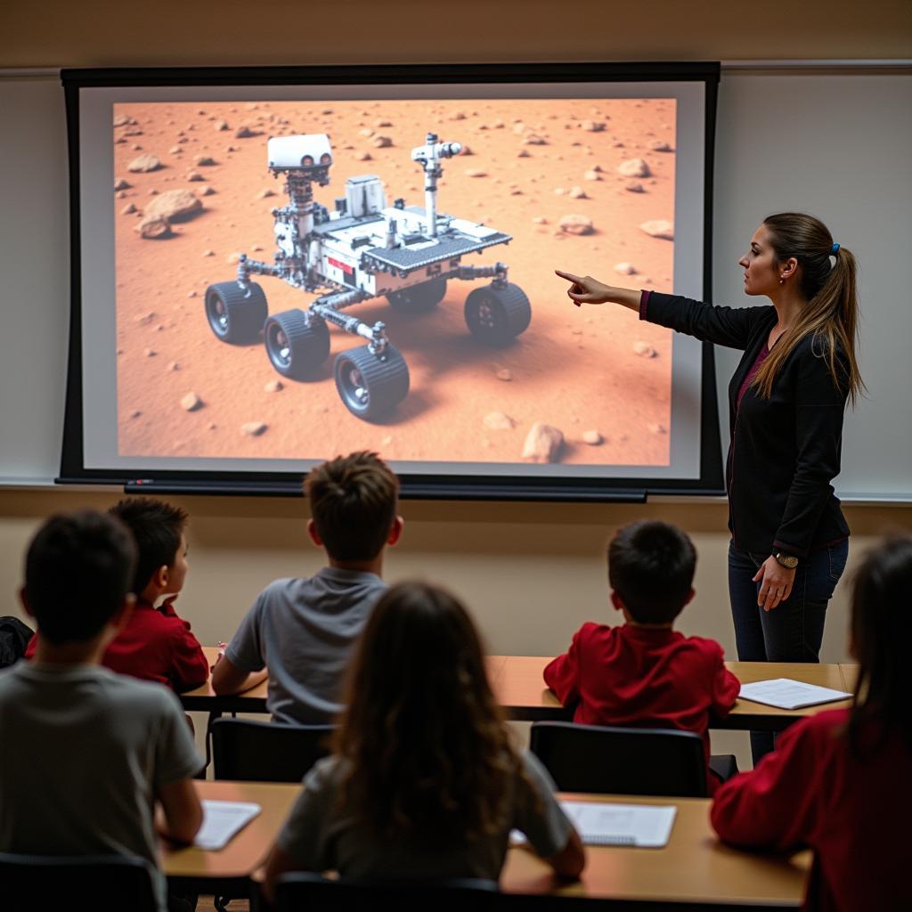 Classroom learns about Mars rover via projection, connecting space exploration to real-world science application.