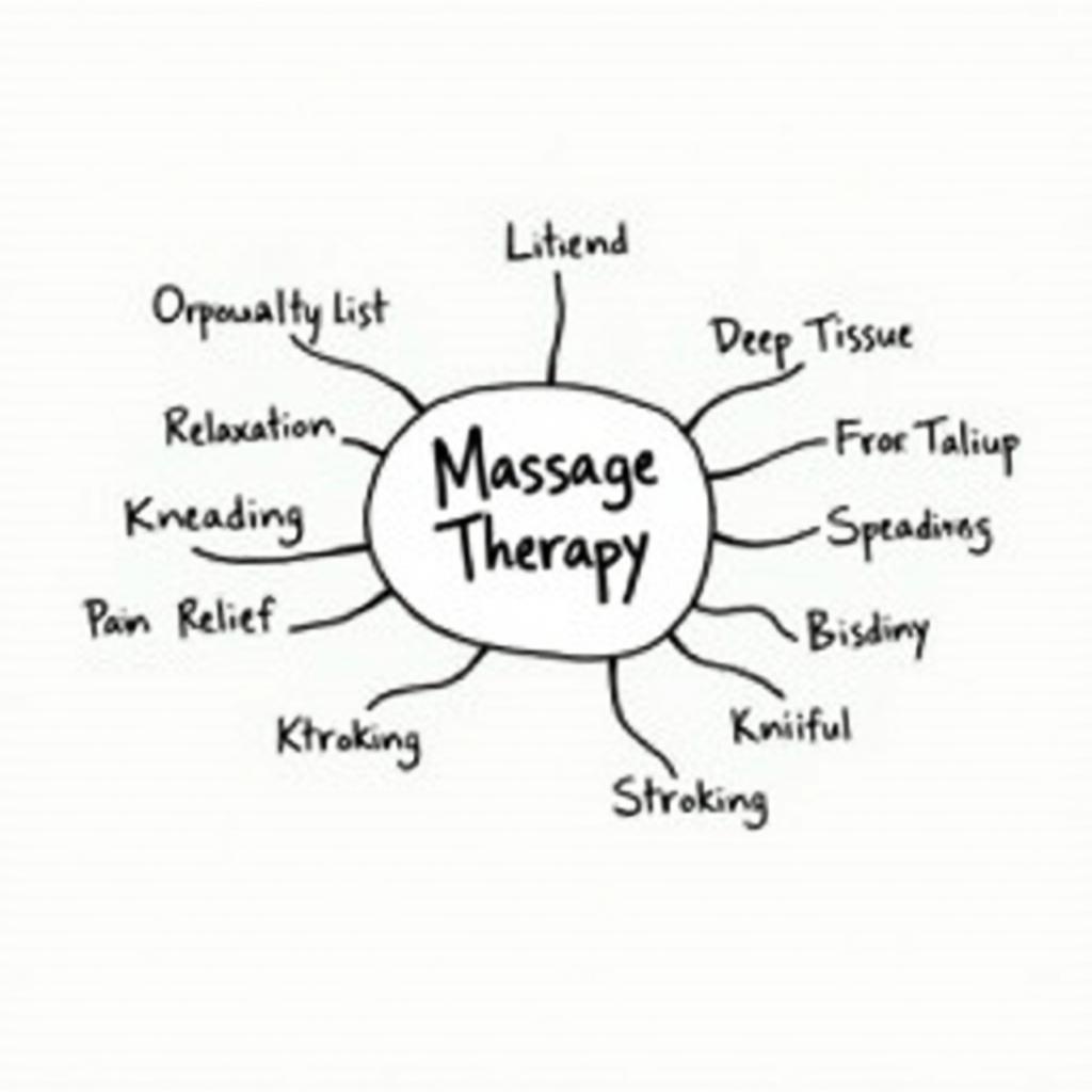 Clear mind map detailing massage therapy concepts: types, benefits, techniques, useful for IELTS vocabulary preparation.