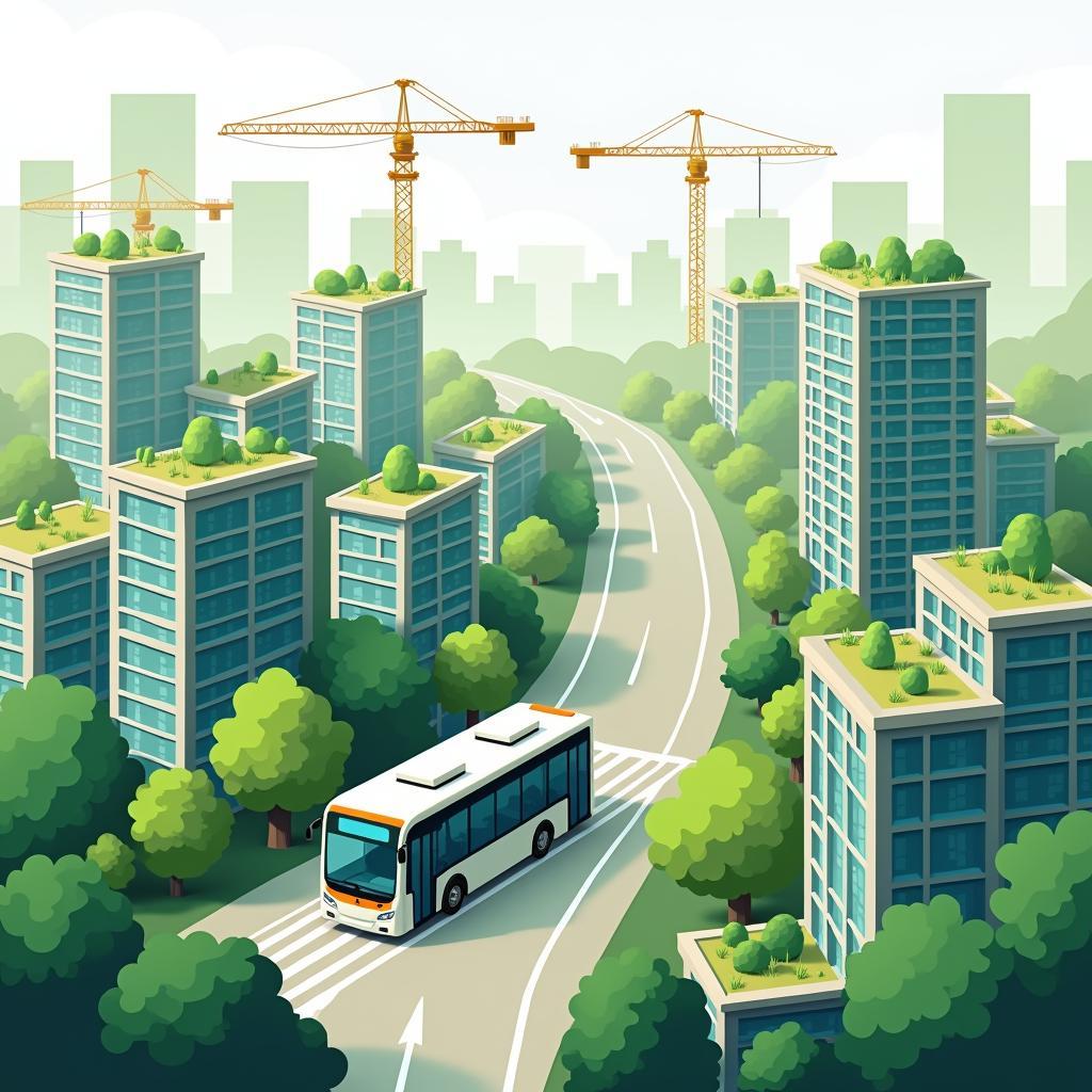 Urban scene showcasing green initiatives like electric buses and rooftop solar panels amidst ongoing city expansion and pollution challenges