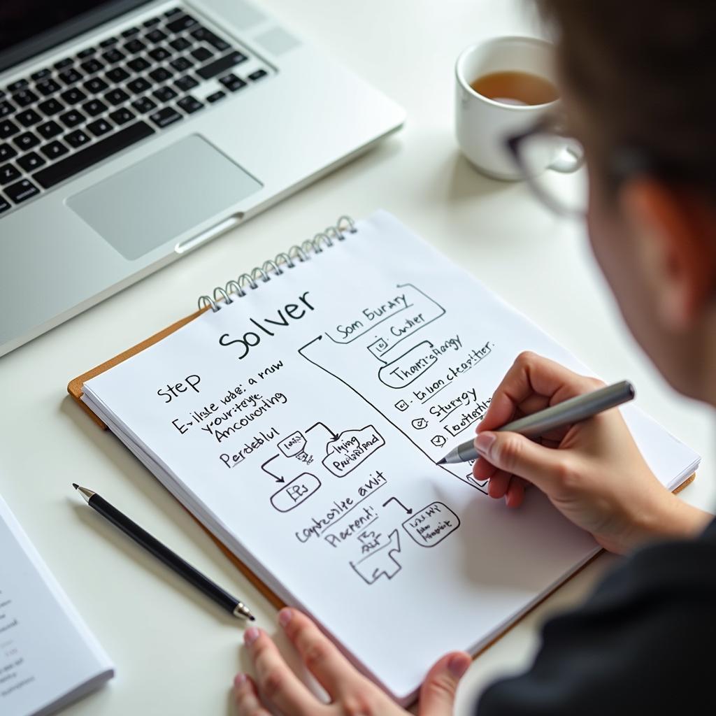 Organized desk with a person brainstorming and outlining a methodical problem-solving process using a flowchart.