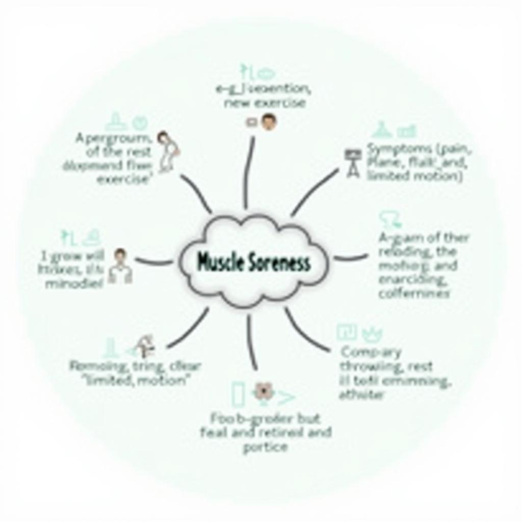 Mind map of "muscle soreness": causes, symptoms, remedies for IELTS vocabulary building and memory.